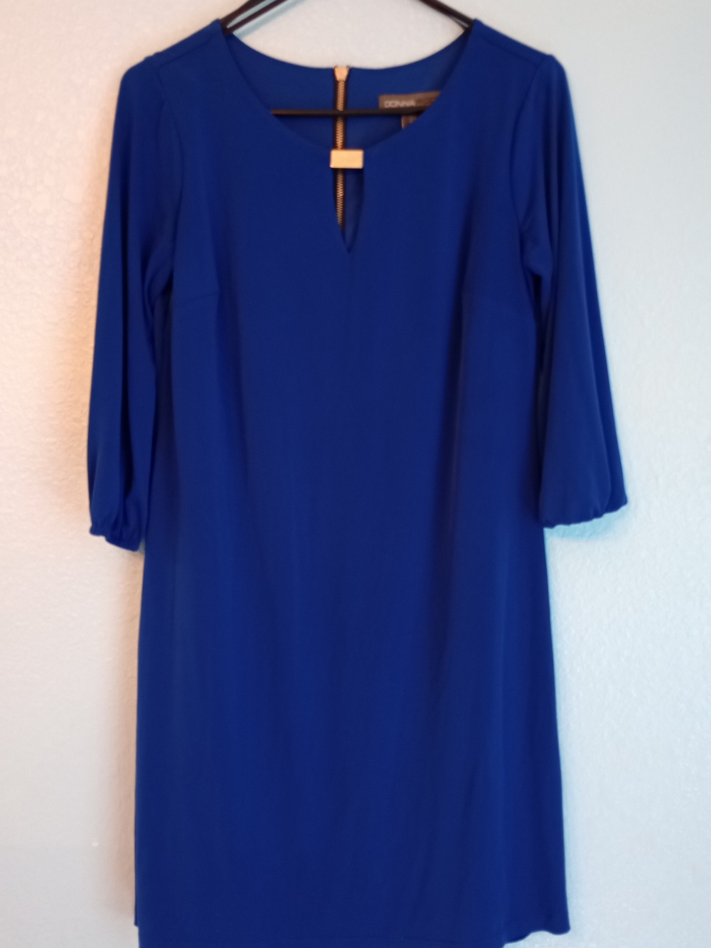 Donna Ricco Royal Blue Long Sleeve Shift Dress with Gold Accent